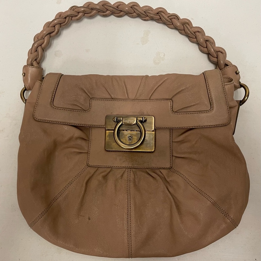 Salvatore Ferragamo Made in Italy Braided Handle‎ Pleated Leather Shoulder Bag
